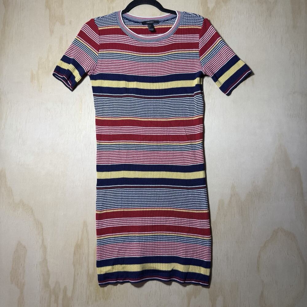 Forever 21 Ribbed Knit Midi Dress Large Striped Bodycon‎ Short Sleeve